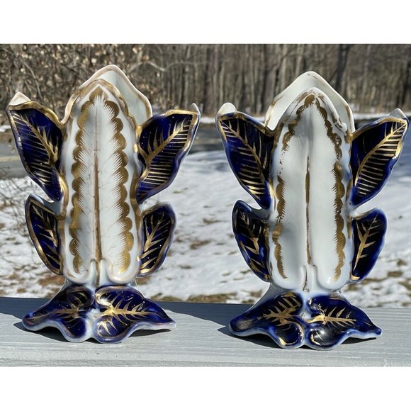 PAIR of Antique Victorian Blue Gilt Porcelain Leaves Vase Art Nouveau Mantel - Picture 4 of 16